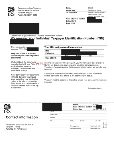 IRS CP565 ITIN assignment notice (sample)